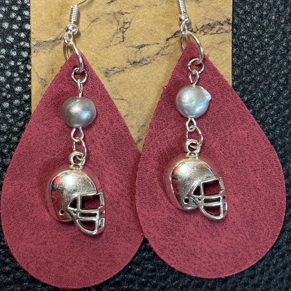 Silvery Football Helmet Earrings with Burgundy Faux Leather